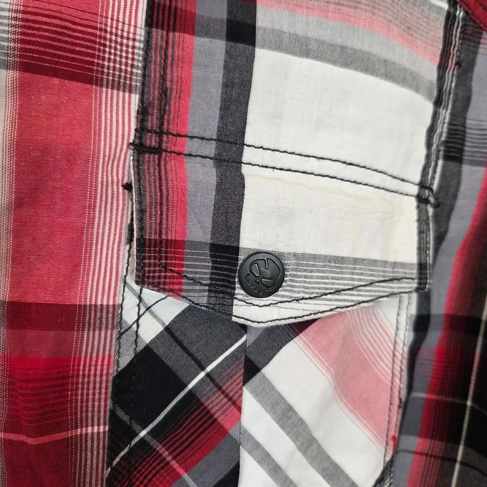 No Fear Men's Pearl Snap Button Up Shirt Western Rodeo 90s Country Red Plaid L